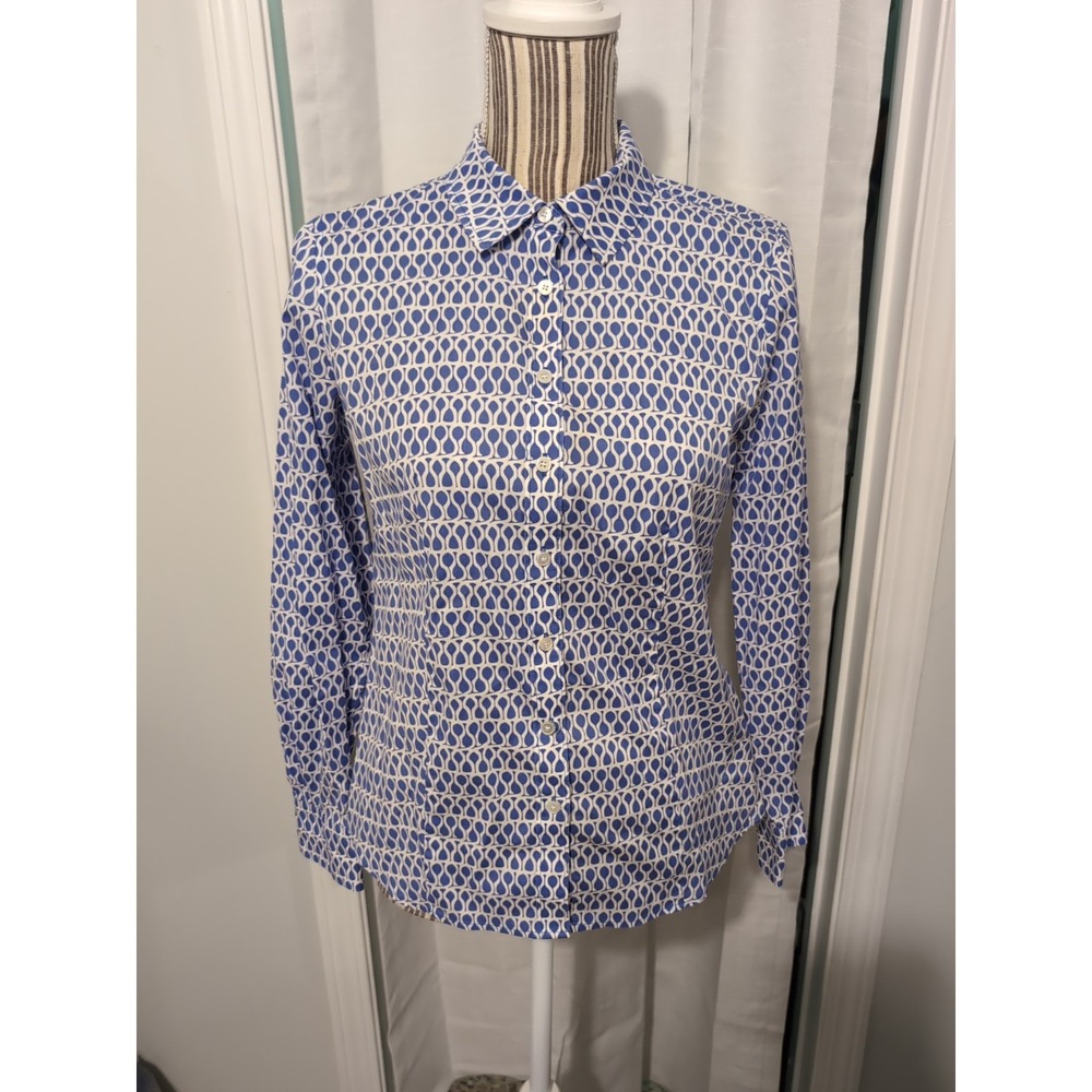 Talbots No-Iron Blue/ White Geometric Button Up Long Sleeve Top Sz 2